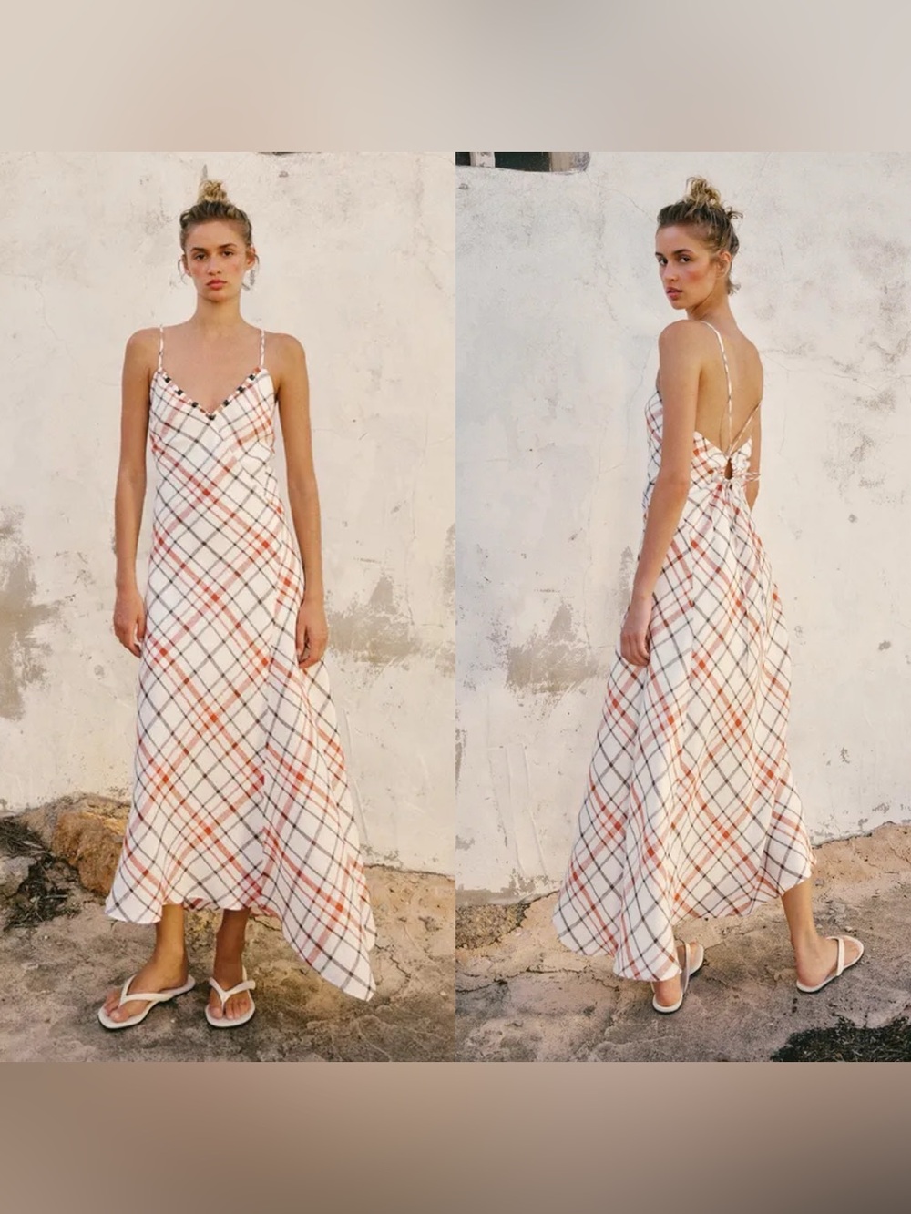 Zara Plaid Linen Blend Midi Dress NWT size Medium white and orange dress